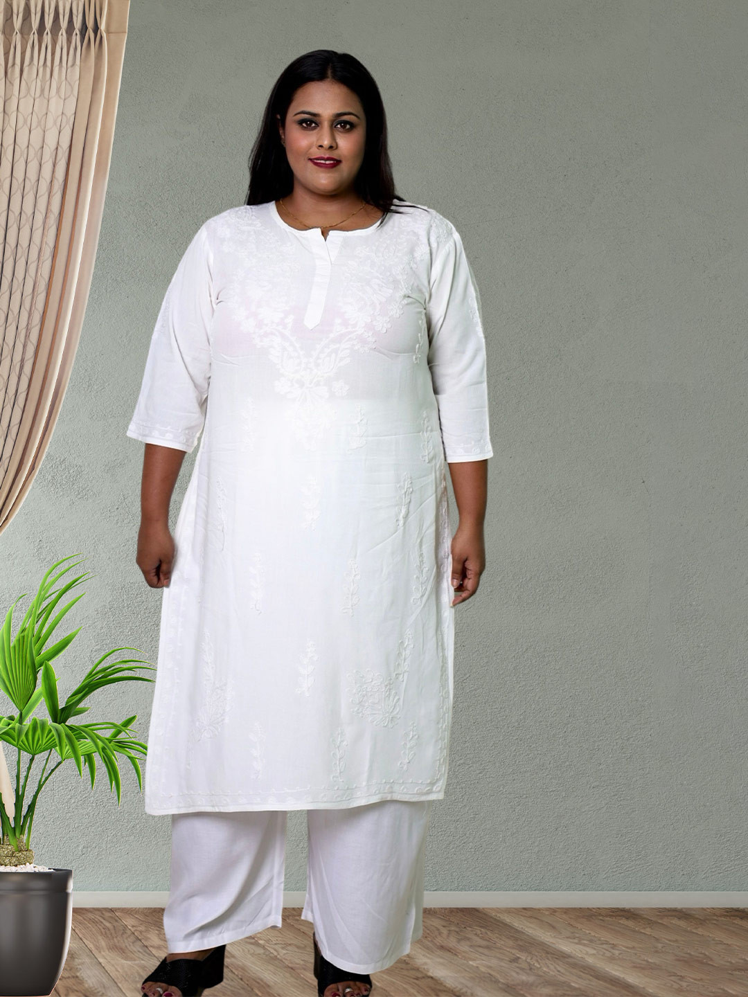 myplusfashion Women Plus Size Floral Embroidered Aari Work Kurta