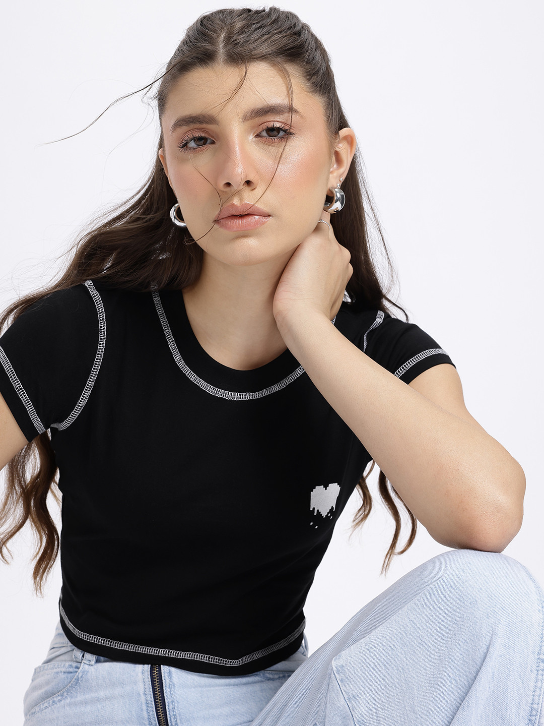 glitchez Monochrome Contrast Stitch Slim Crop T-shirt
