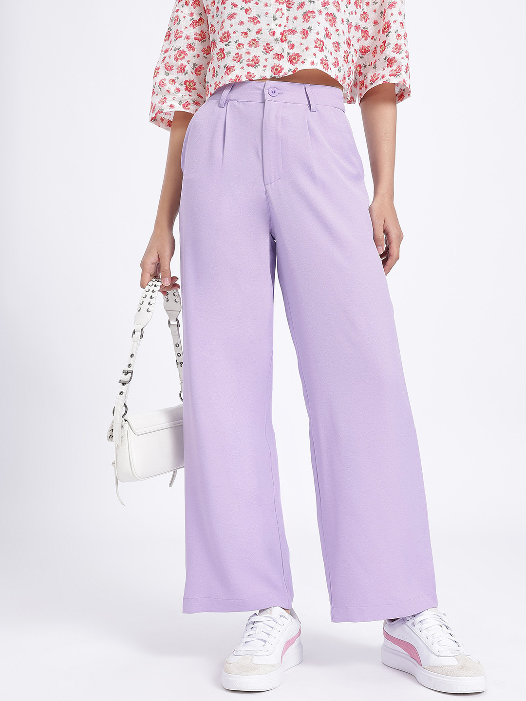 Lavender High-Waist Loose Fit Wide Leg Trousers