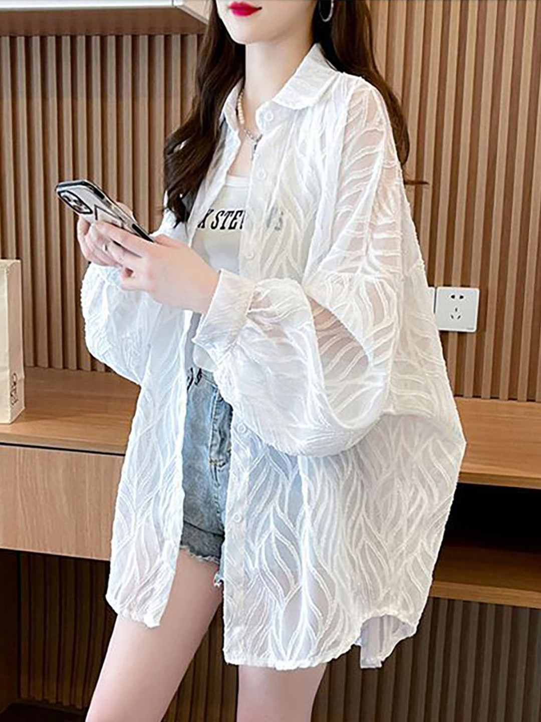 JC Mode Women Textured Oversized Sheer Casual Shirt