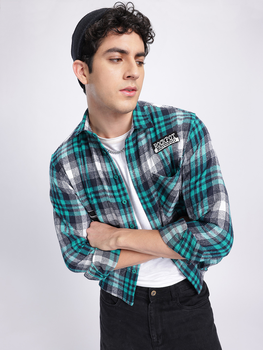 glitchez Layered Checked Applique Detail Flannel Shacket