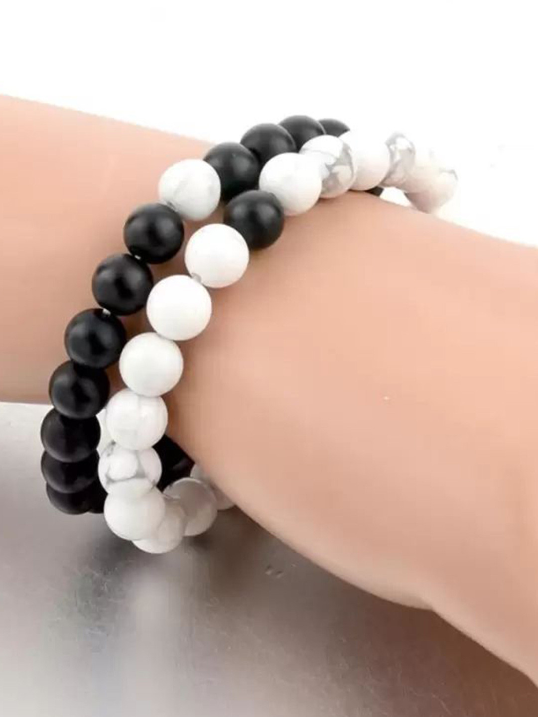 HIGH TRENDZ Unisex Set Of 2 Beaded Stretchable Slip-On Couple Bracelet