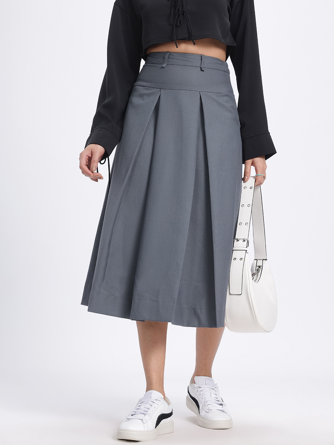 glitchez Pleated Mid-Rise Midi Flared Skirt