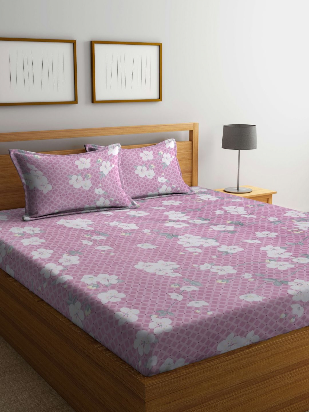 Myntra Elegant Homes Egyptian Purple Floral Cotton 300 TC Fitted King Fine Bedsheet with 2 Pillow Covers-250 x 225 cm