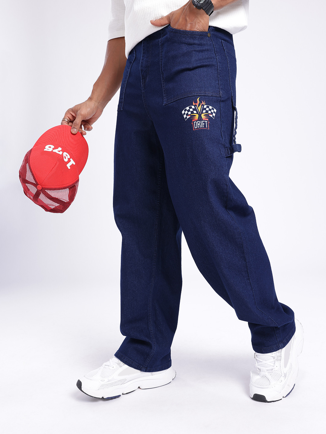 glitchez Men Loose Cropped Printed Wide Leg Jeans