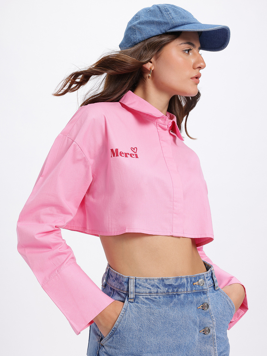 glitchez Minimal Lettering Printed Drop-Sleeves Pure Cotton Crop Boxy Fit Shirt