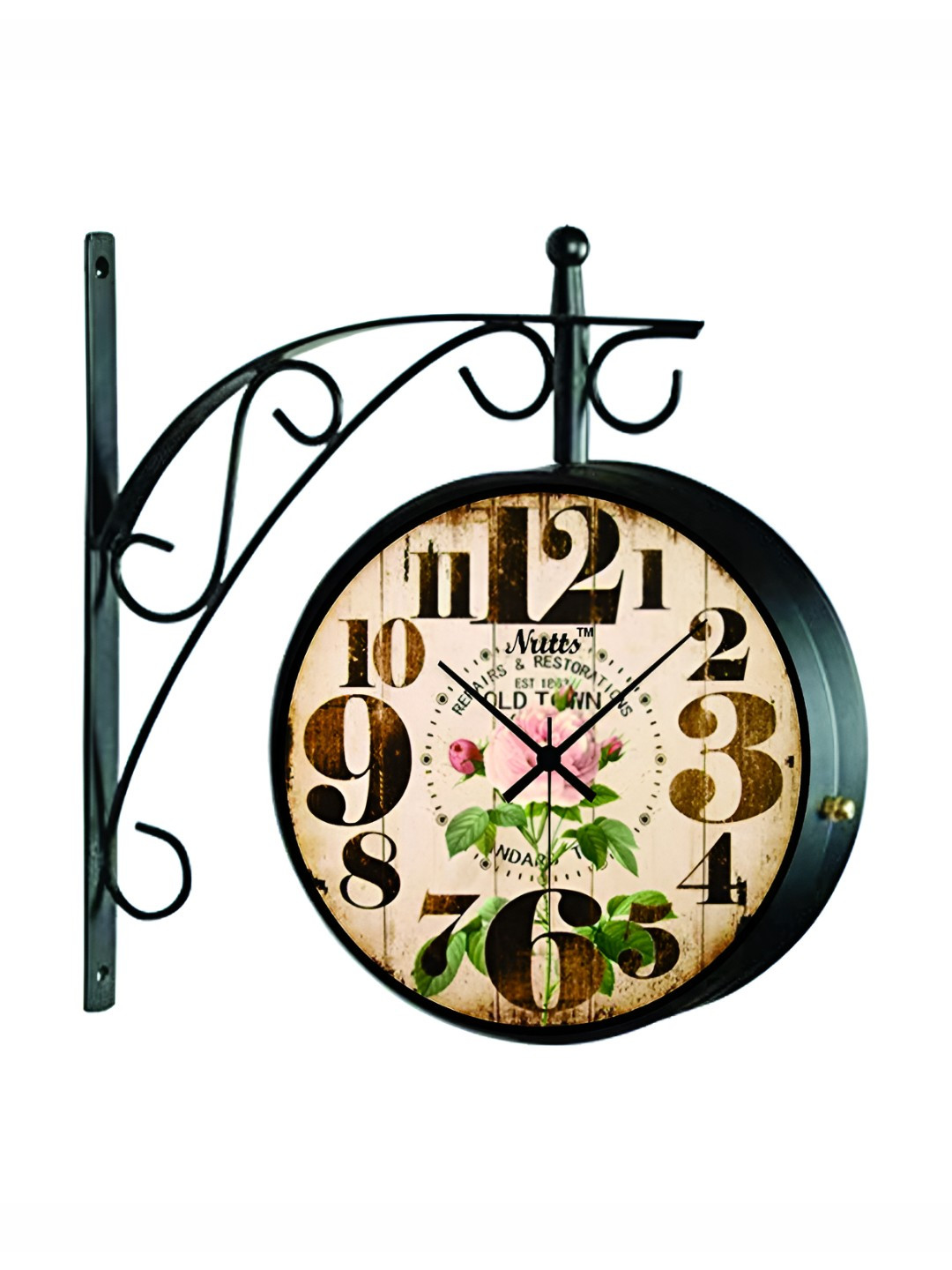 Nutts Black & Beige Analogue Metal Round Vintage Wall Clock