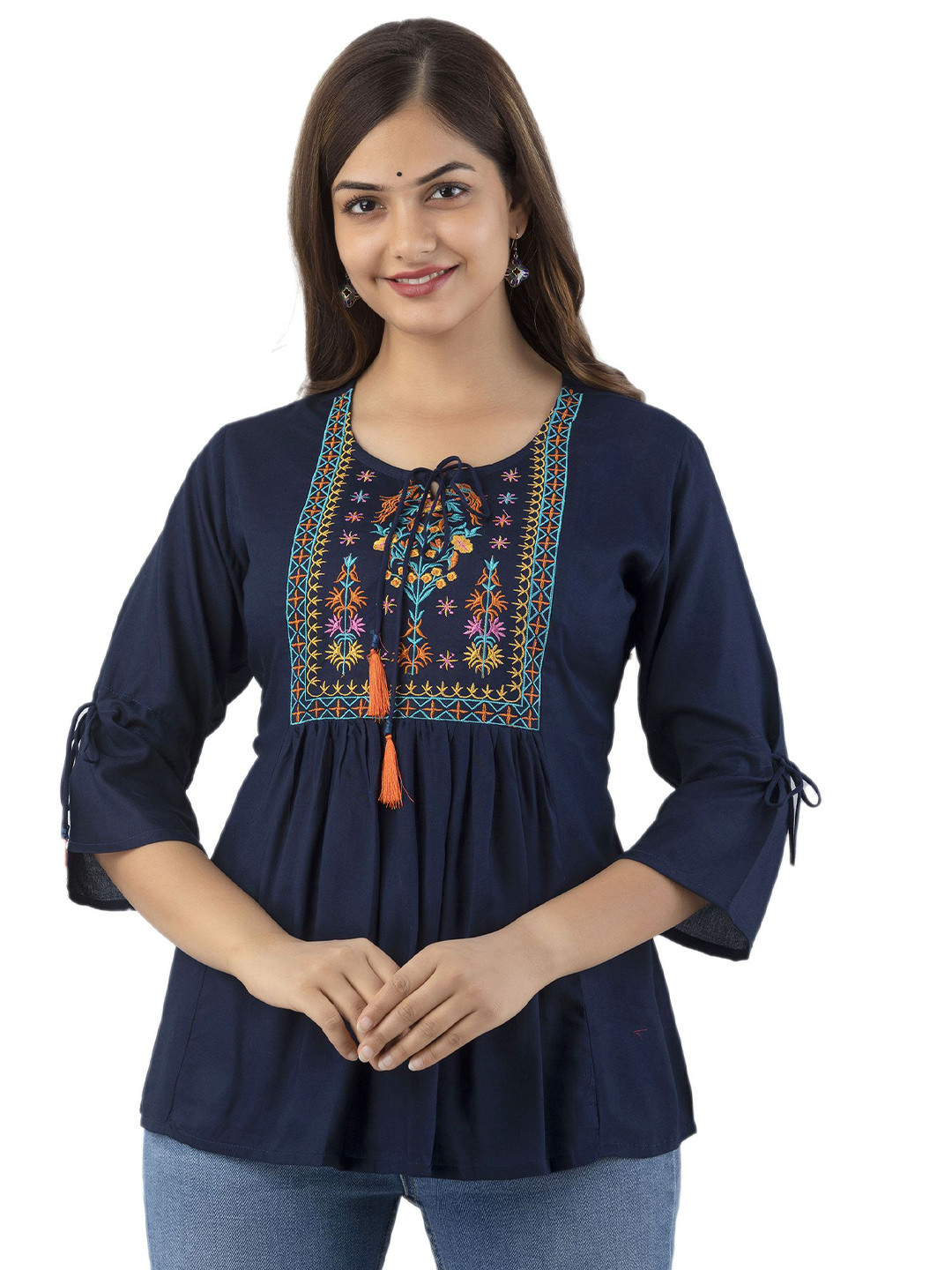 DMP EXPORT Women Tie-Up Neck Embroidered Top