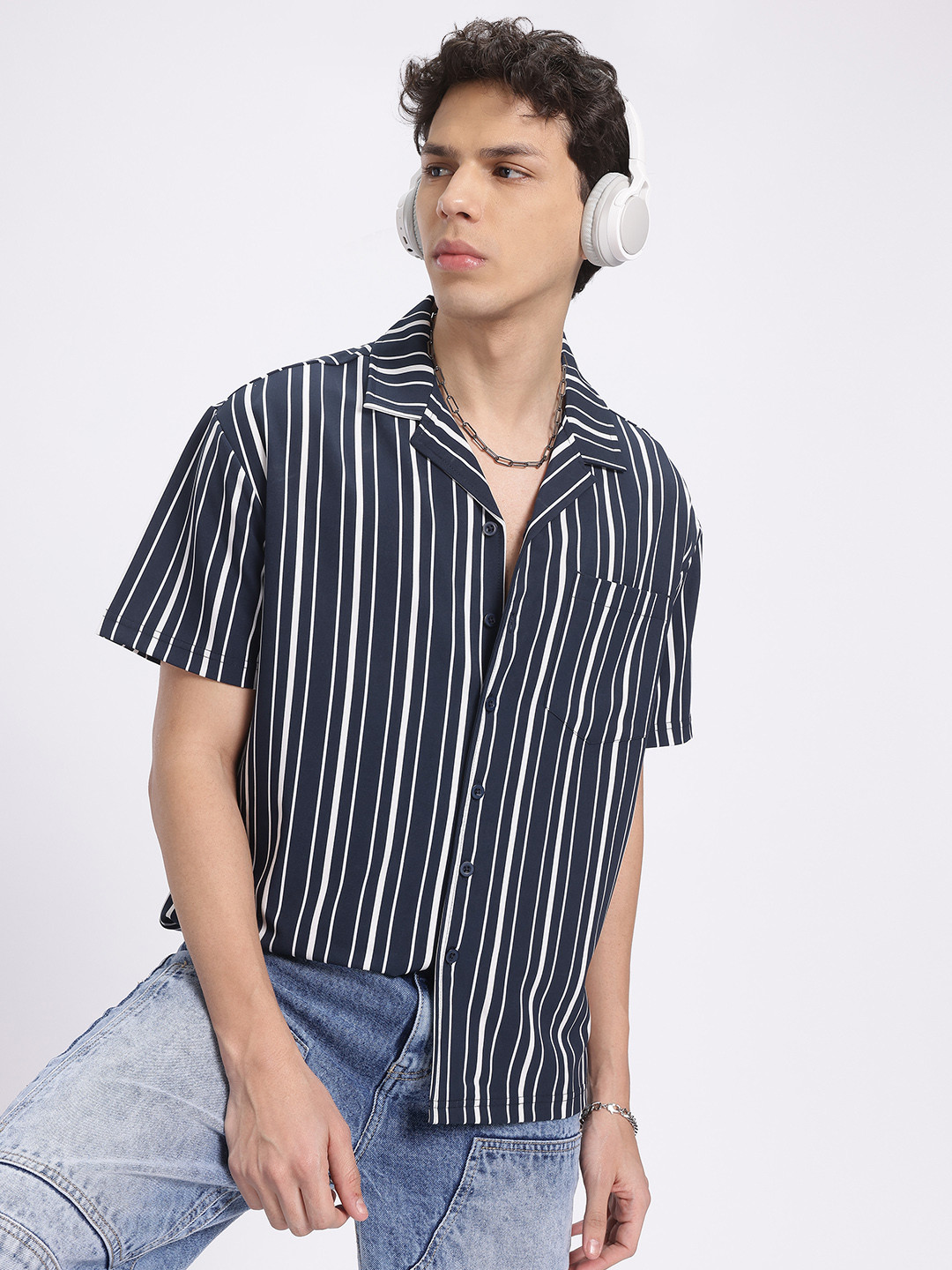 glitchez Nautical Stripes Camp Collar Relaxed Fit Shirt