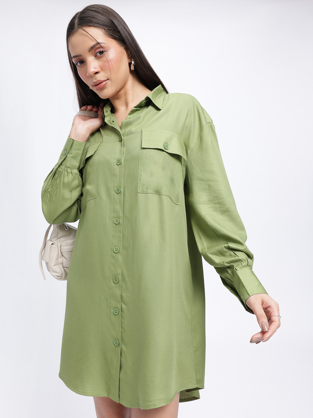 glitchez Oversized Fit High-Low Mini Shirt Dress