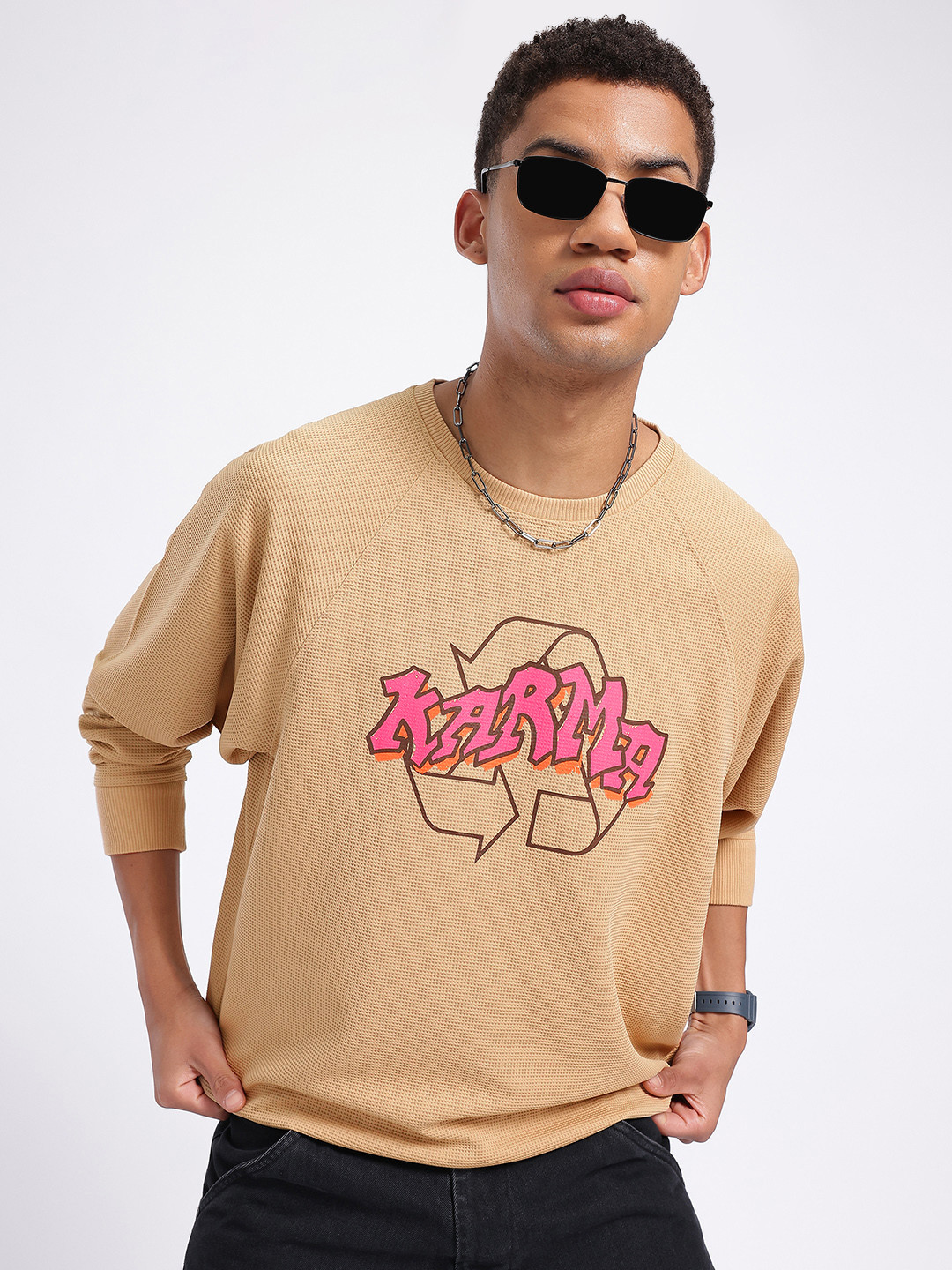 glitchez Print Waffle Knit Raglan Sleeves Pullover