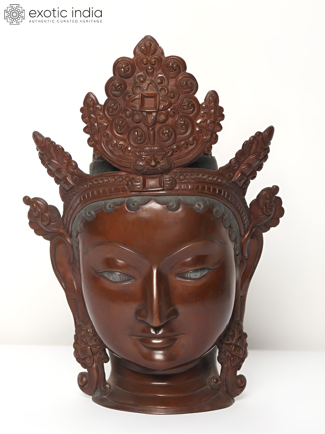 Exotic India Goddess Tara Head with Five Crested Crown Brown Copper Prayer Room Medium Showpiece - 9 Inches
