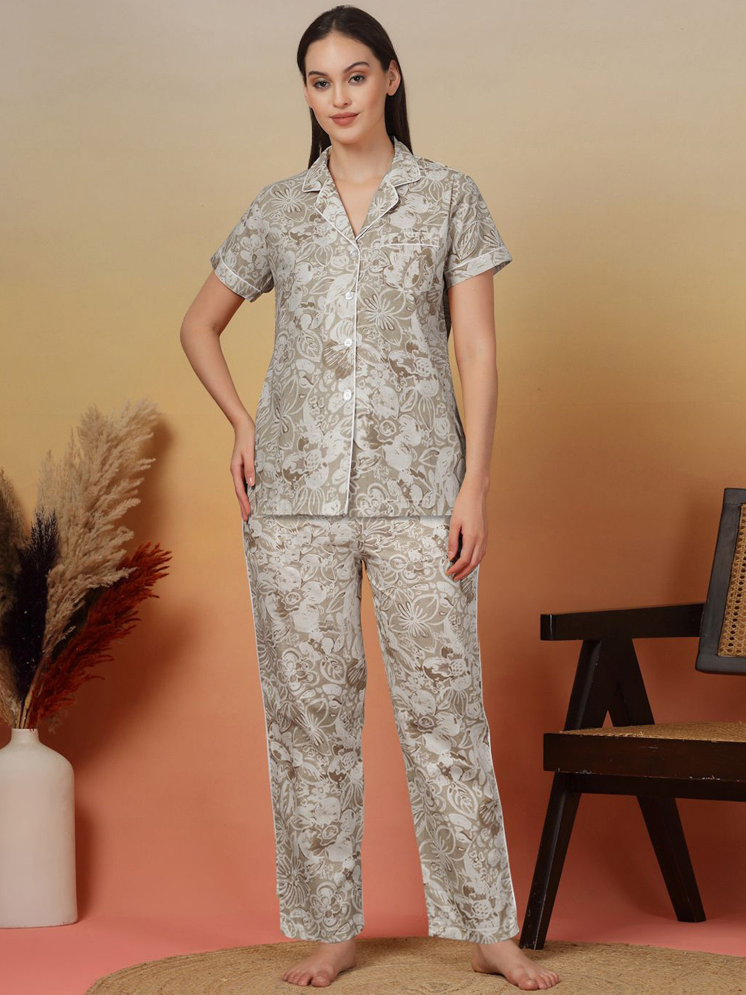 ETC Women 2Pcs Floral Pure Cotton Printed Night Suit