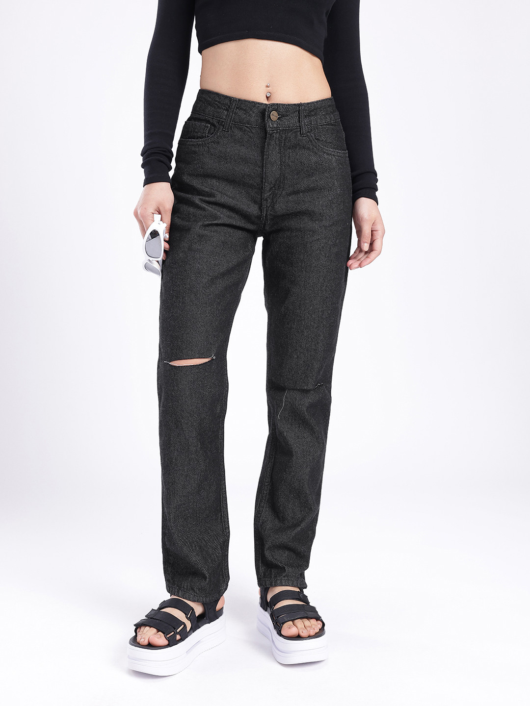 glitchez Women Grunge Straight Fit Slash Knee Jeans