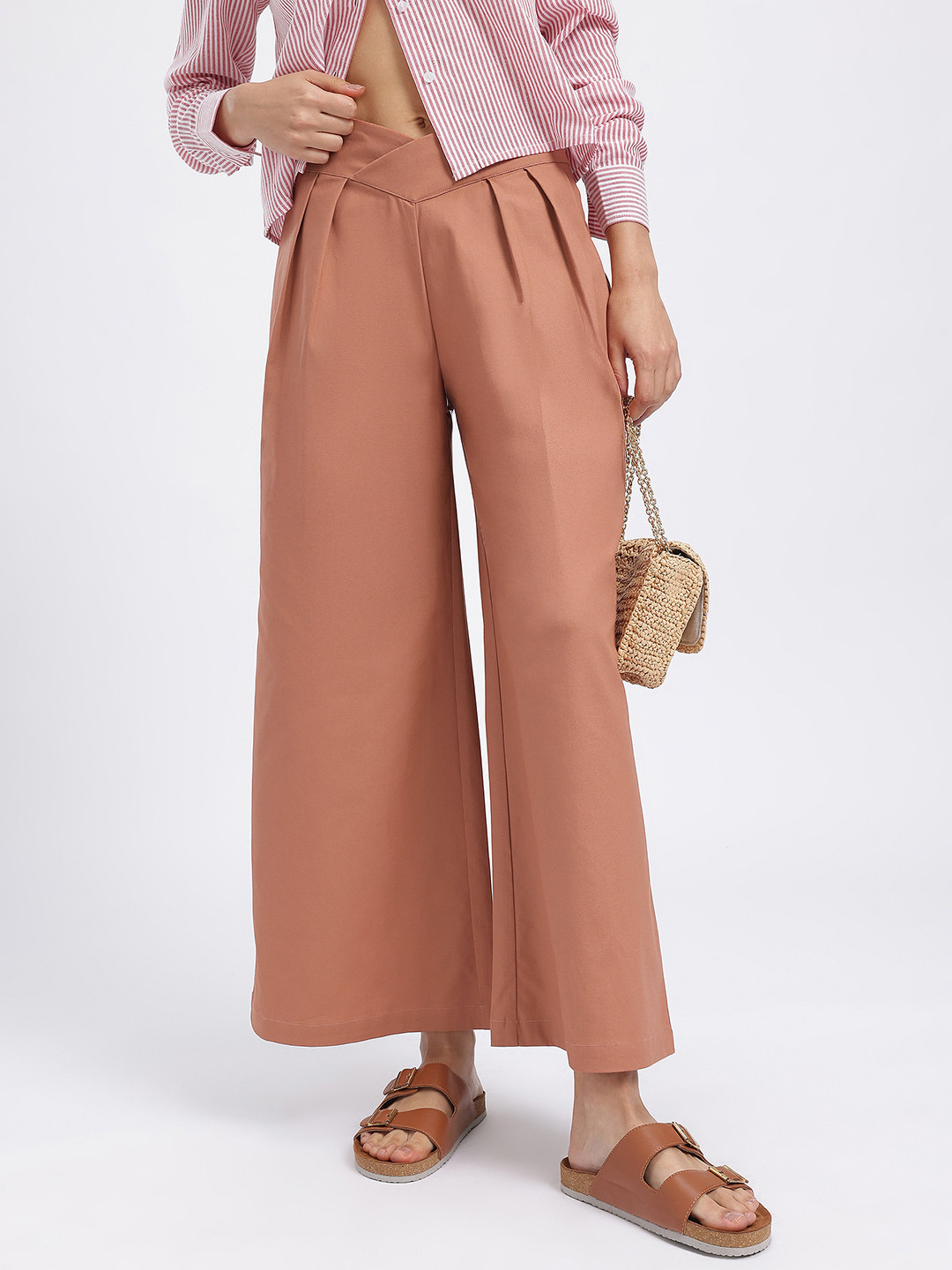 glitchez Women Rust-Orange High-Waist Wide Leg Trousers