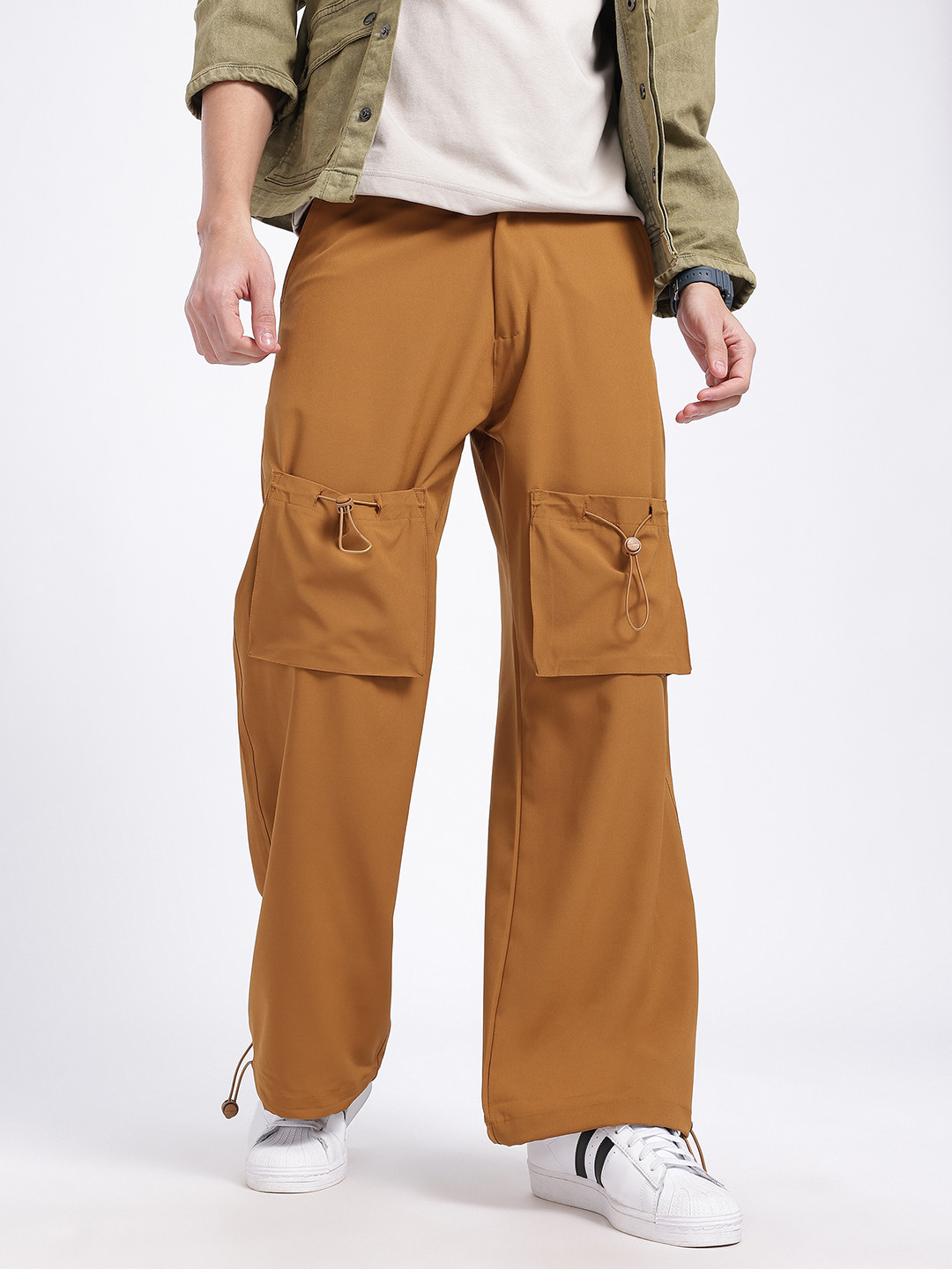 glitchez Men Mustard Brown Cargo Trousers
