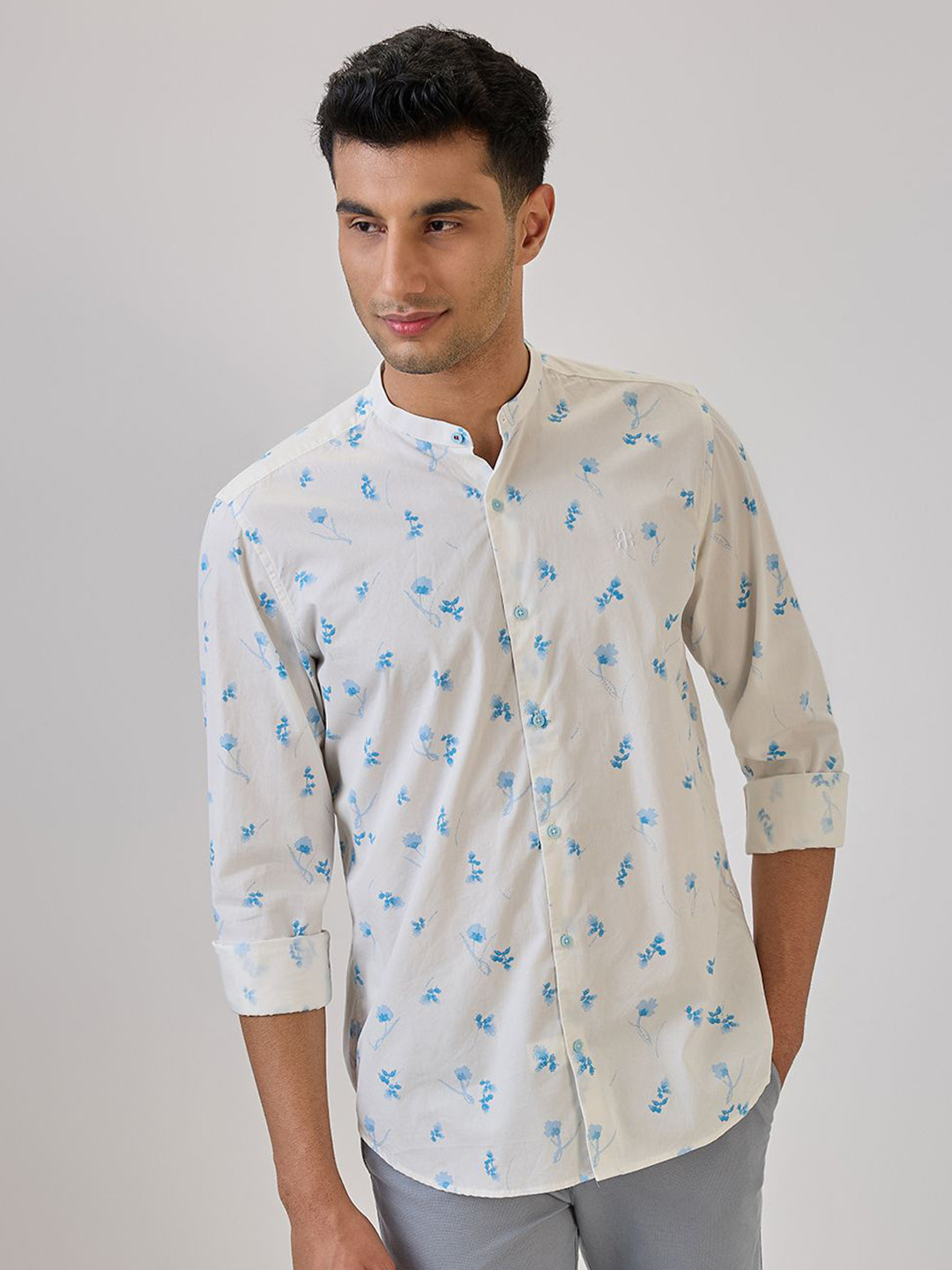Raymond Men Floral Printed Pure Cotton Mandarin Collar Neck Casual Shirt