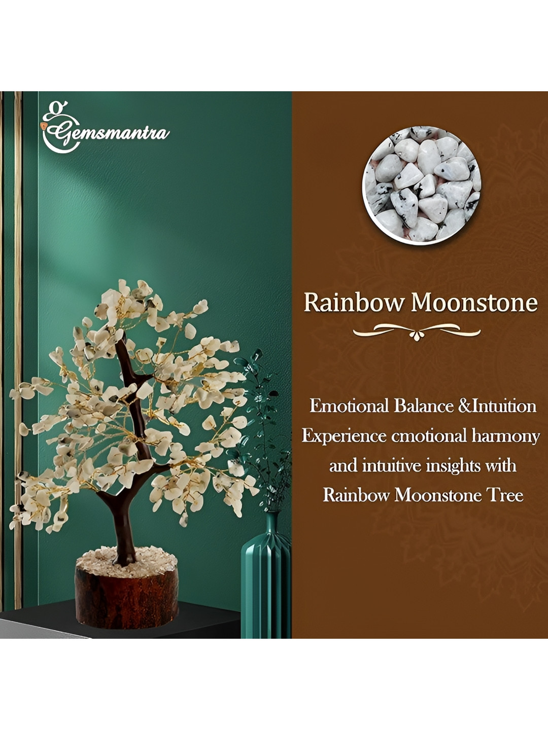 Gemsmantra Rainbow Moonstone Gold Wood Crystal Tree 300 Beads Gold Wood Natural Living Room Medium Showpiece - 9.1 Inches