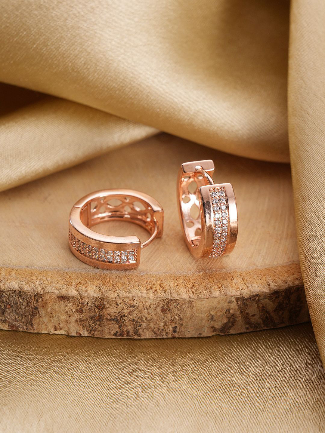 Jazz and Sizzle Rose Gold-Plated American Diamond Studded Contemporary Hoop Earrings