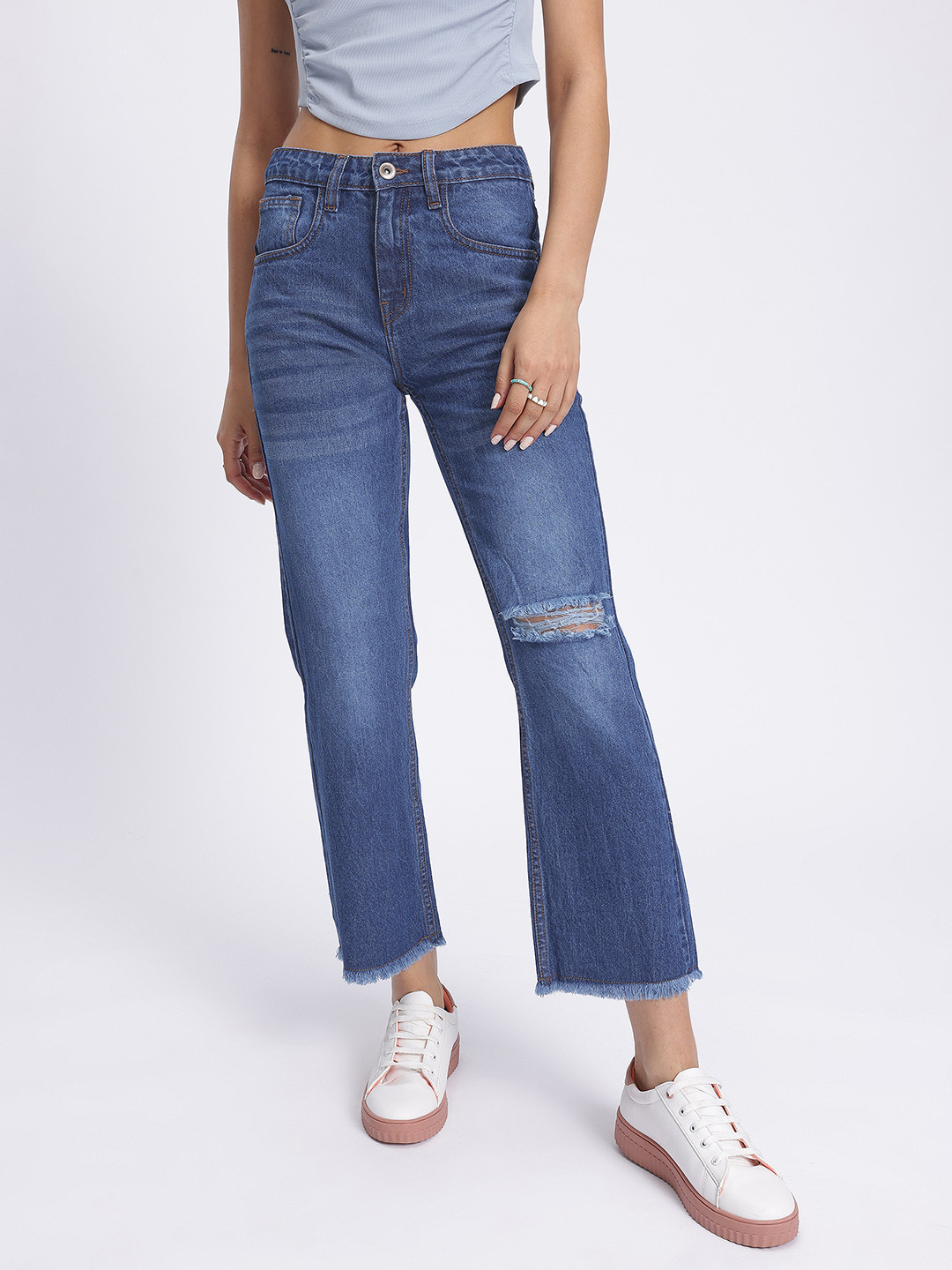 glitchez Women Ripped Frayed Hem Cropped Bootcut Jeans