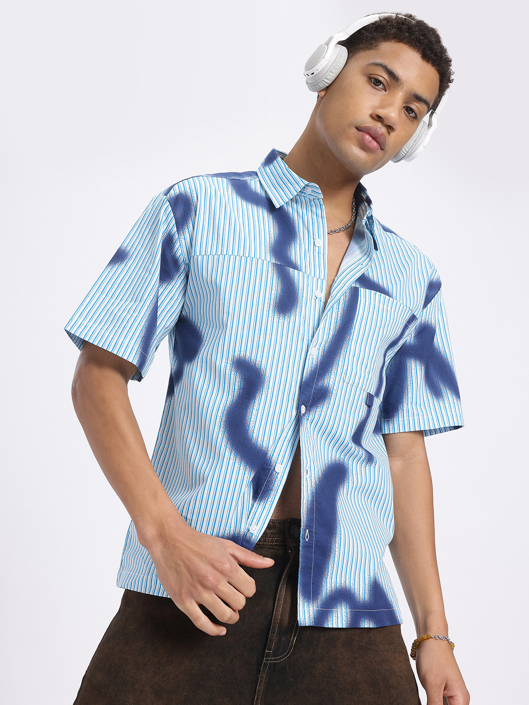 glitchez Abstract Printe Striped Regular Fit Relaxed Fit Shirt