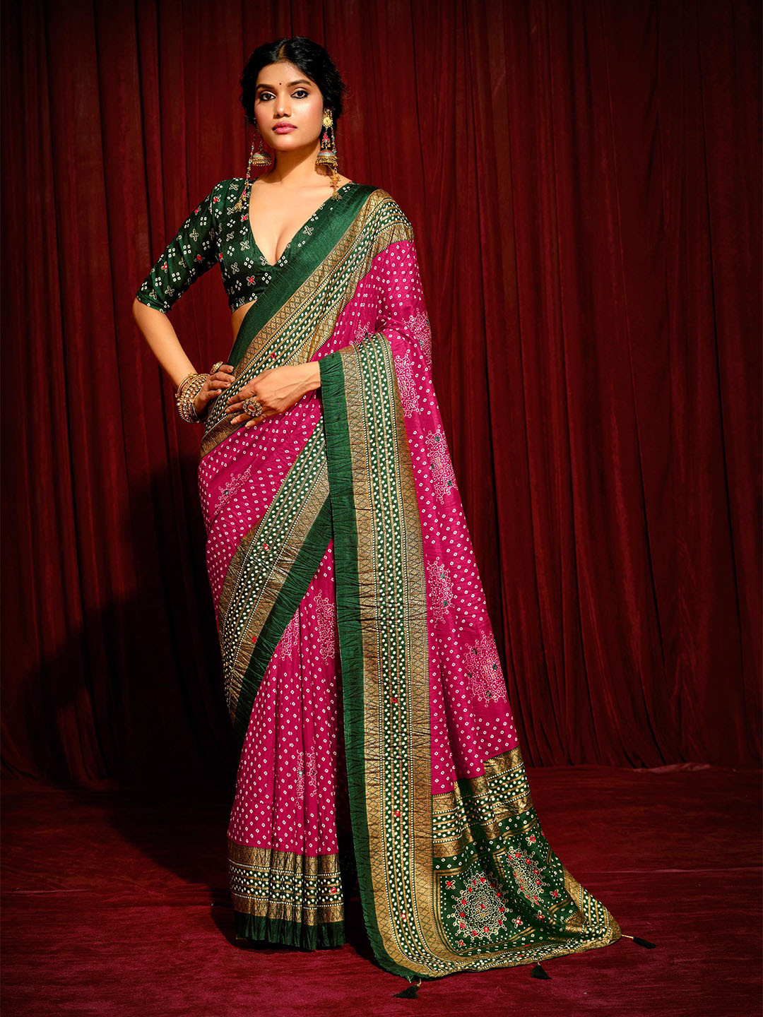 TIRA Women Bandhani Mirror Work Silk Blend Saree