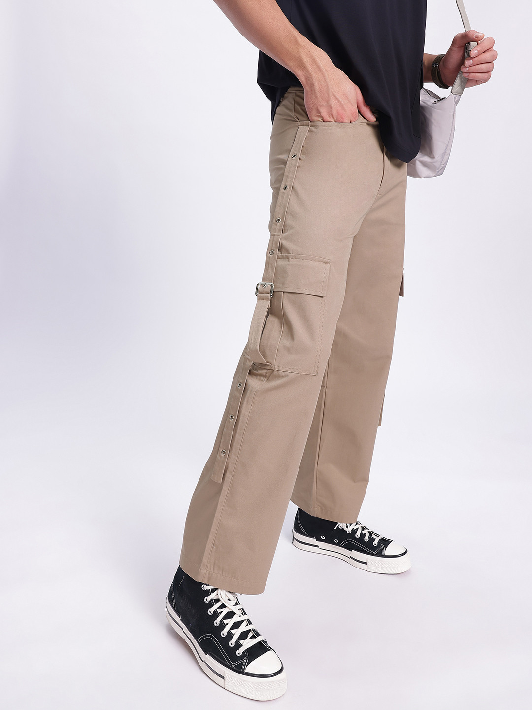 glitchez Men Belted Detail Straight Fit Trousers