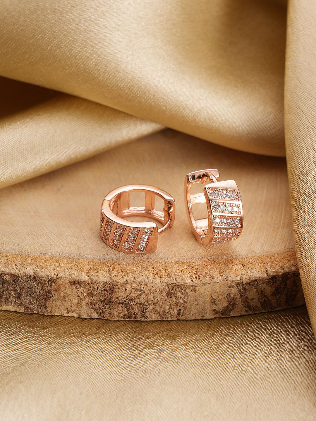 Jazz and Sizzle Rose Gold-Plated American Diamond Studded Contemporary Hoop Earrings