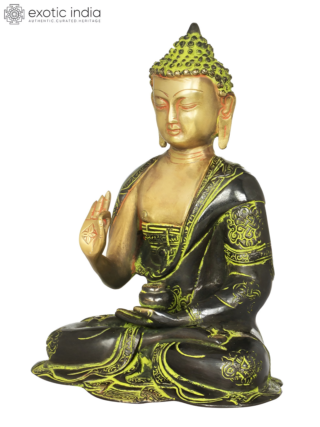 Exotic India Tibetan Buddhist Preaching Buddha Green Brass Metallic Living Room Medium Showpiece - 10 Inches