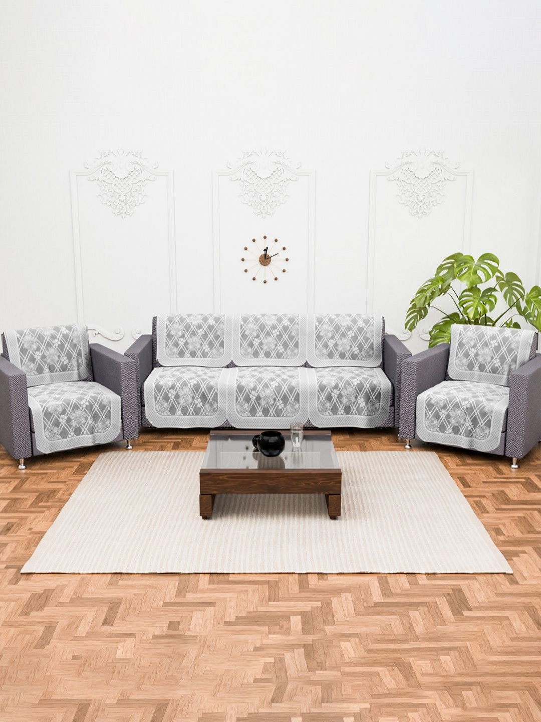 Aura Grey & White 10 Pcs Set Cotton Anti Slip 5 Seater Sofa Cover