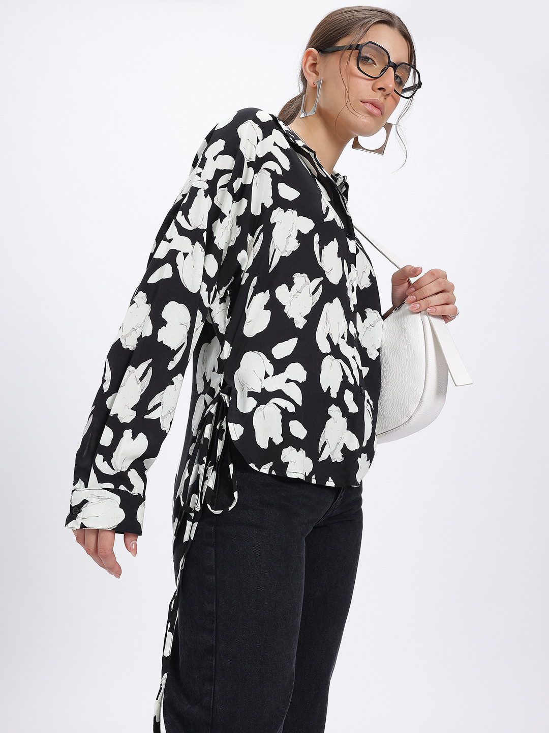 glitchez Abstract Print Side Tie-Ups High-Low Oversized Shirt