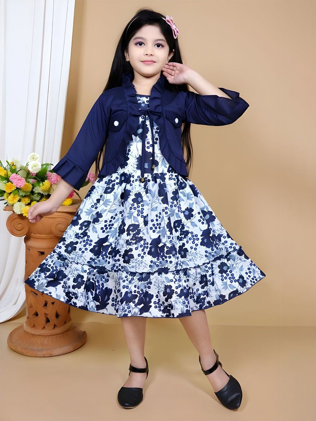 JIYAN FASHION WORLD Girls Floral Print Fit & Flare Midi Dress