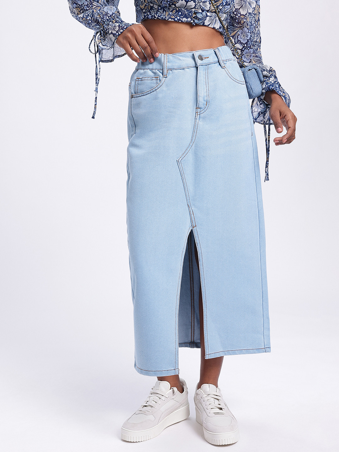 glitchez Women Light Fade Straight Denim Midi Skirt With Slits