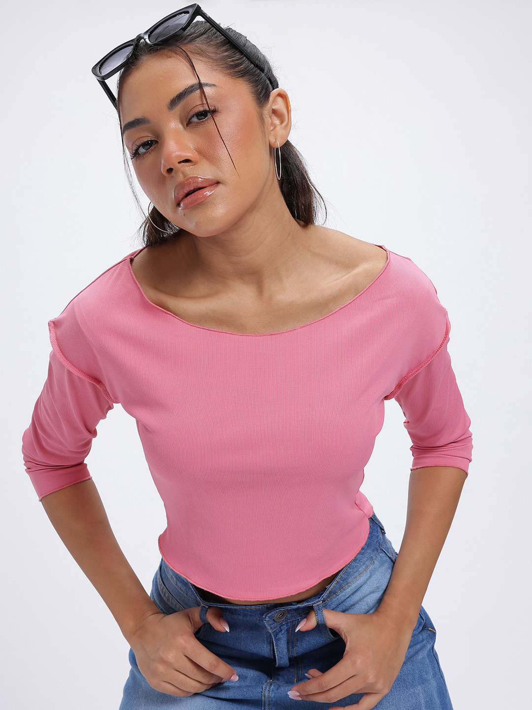 glitchez Boat Neck Upfront Stitch Drop-Shoulder Sleeves Top