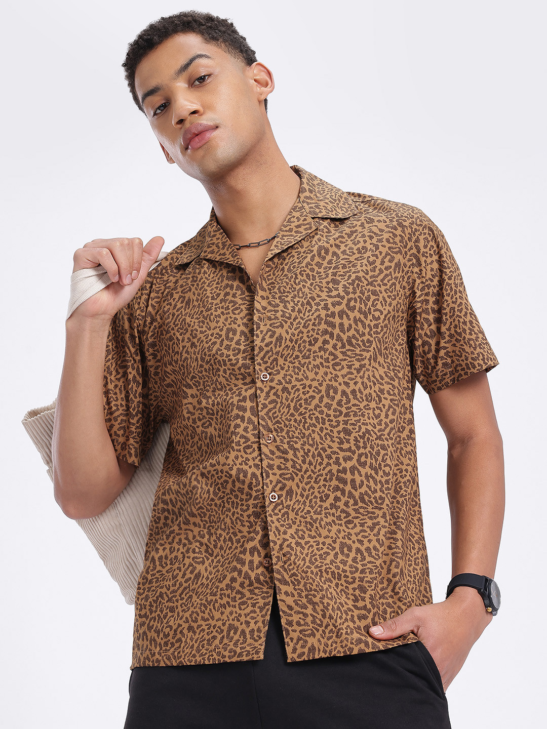 glitchez Leopard Print Pure Cotton Cuban Collar Relaxed Fit Shirt