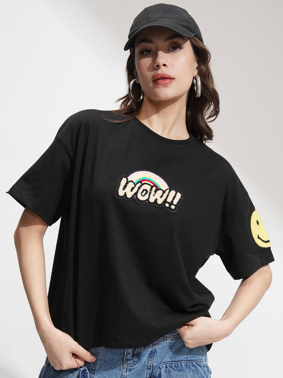 Street By Tokyo Talkies Women Embroidered Badge Relaxed Crop Fit  Boxy T-shirt