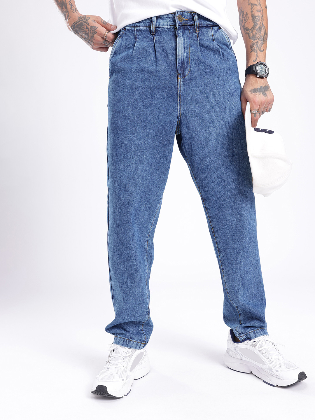 glitchez Men Cropped Fit Pleated Relaxed Fit Jeans