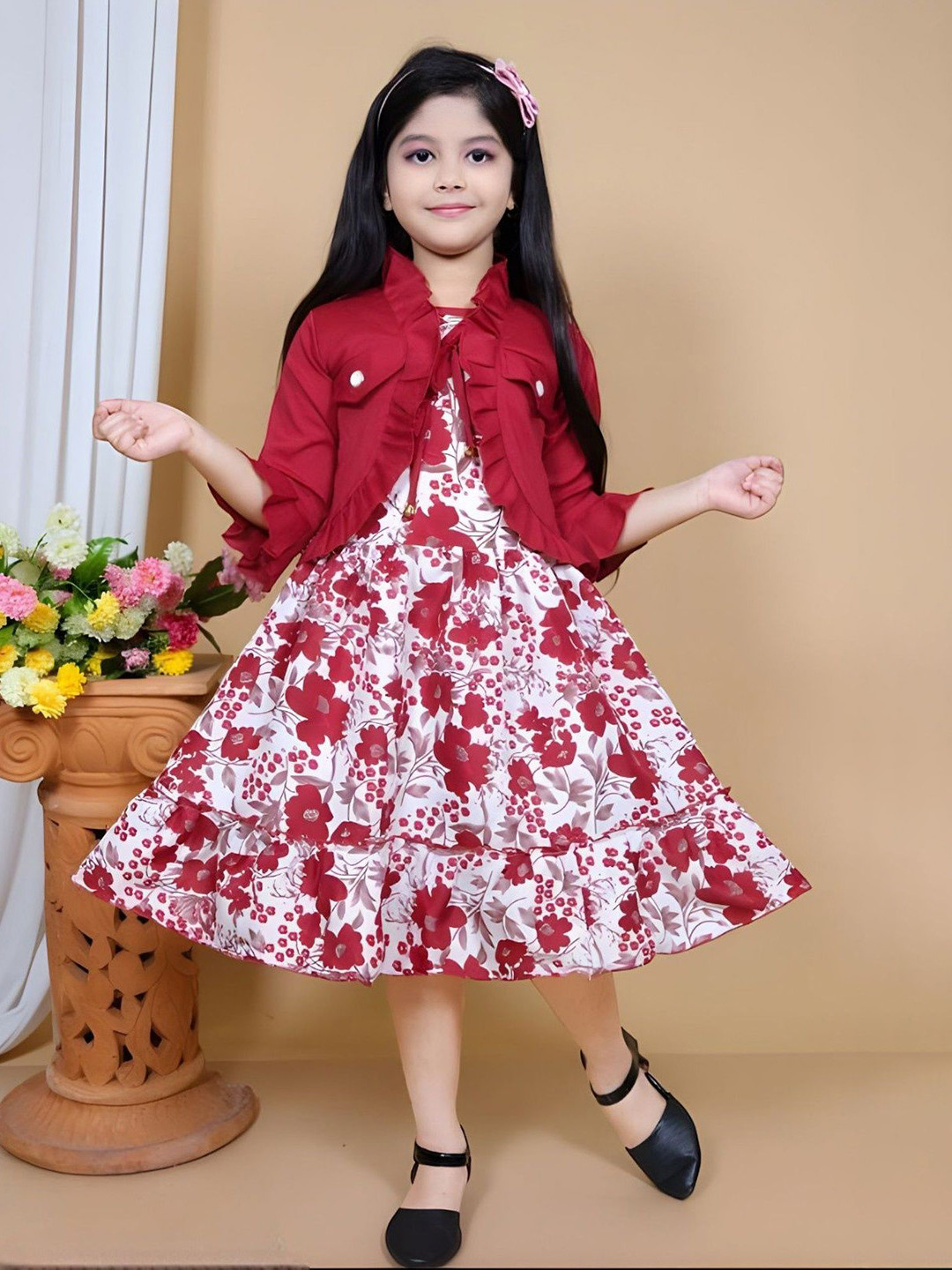 JIYAN FASHION WORLD Girls Floral Printed Fit & Flare Dress
