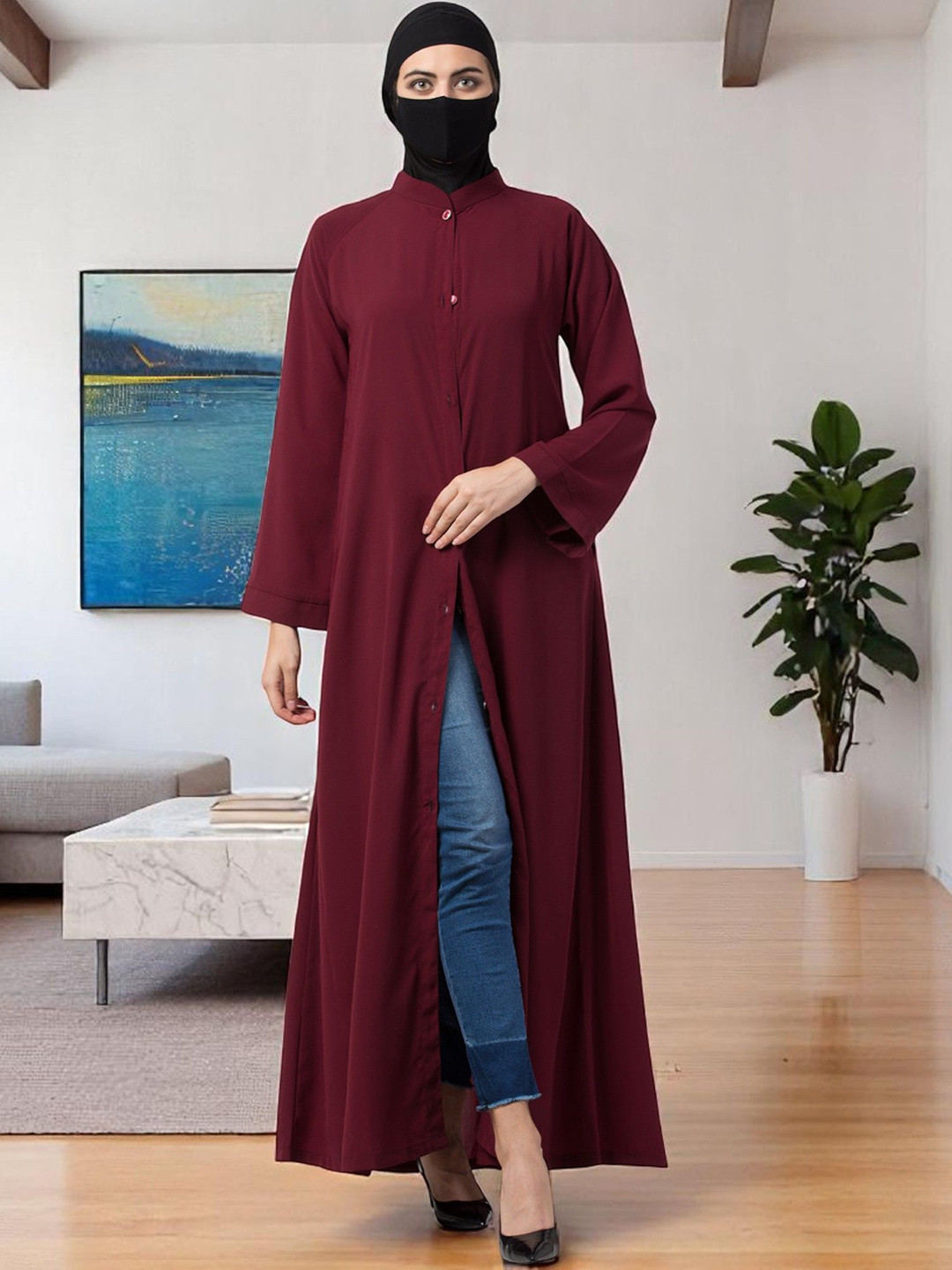 BASHARIYA Front-Open Mandarin Collar Kimono Sleeves Abaya Burqa