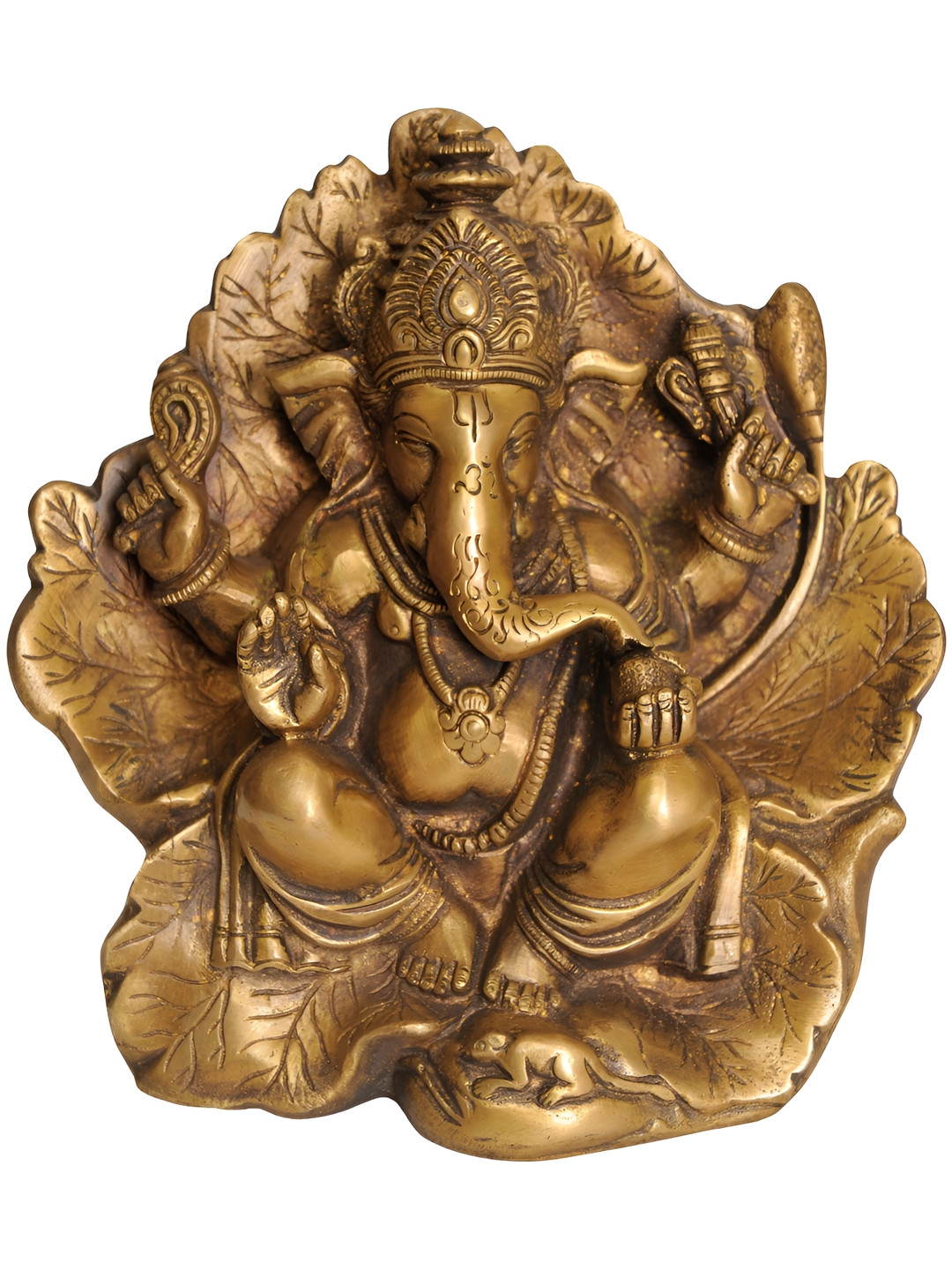 Exotic India Lord Ganesha Seated on Flower Couch Gold Brass Metallic Prayer Room Hand Made Medium Showpiece - 6.6 Inches