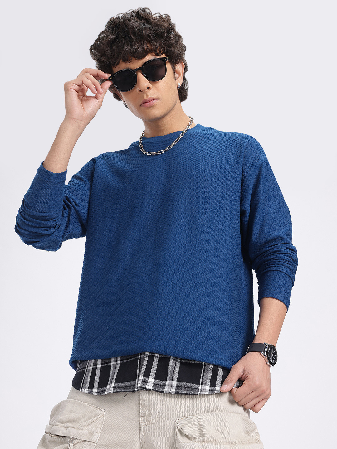 glitchez Textured Knit Long Sleeve Relaxed Fit T-shirt
