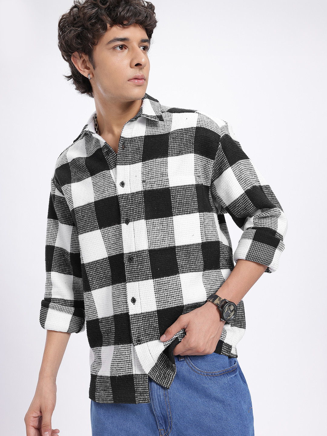 glitchez Textured Flap Pocket Detail Checked Relaxed Fit Shirt