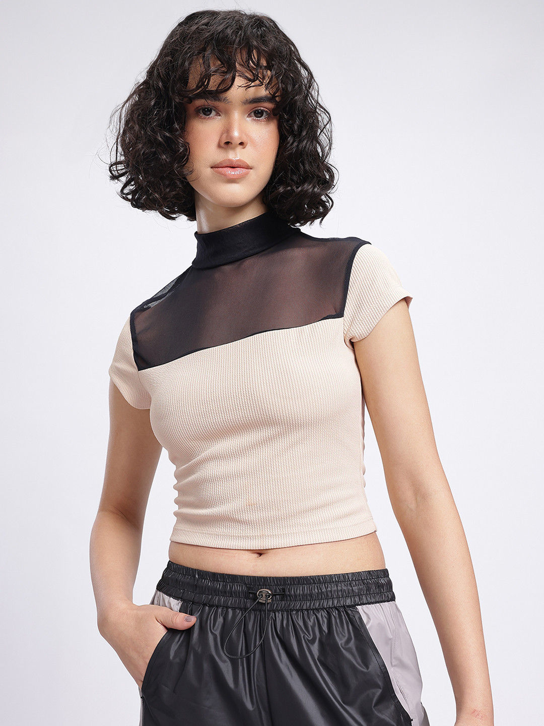 Sheer Panel High Neck Crop Top