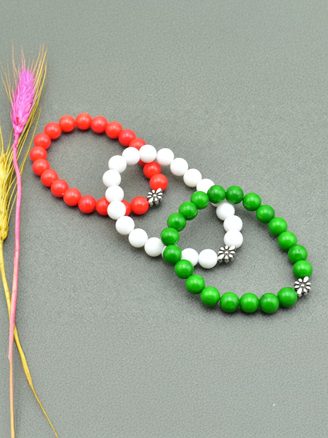 HIGH TRENDZ Set Of 3 Artificial Beaded Tricolour Elasticated Bracelets