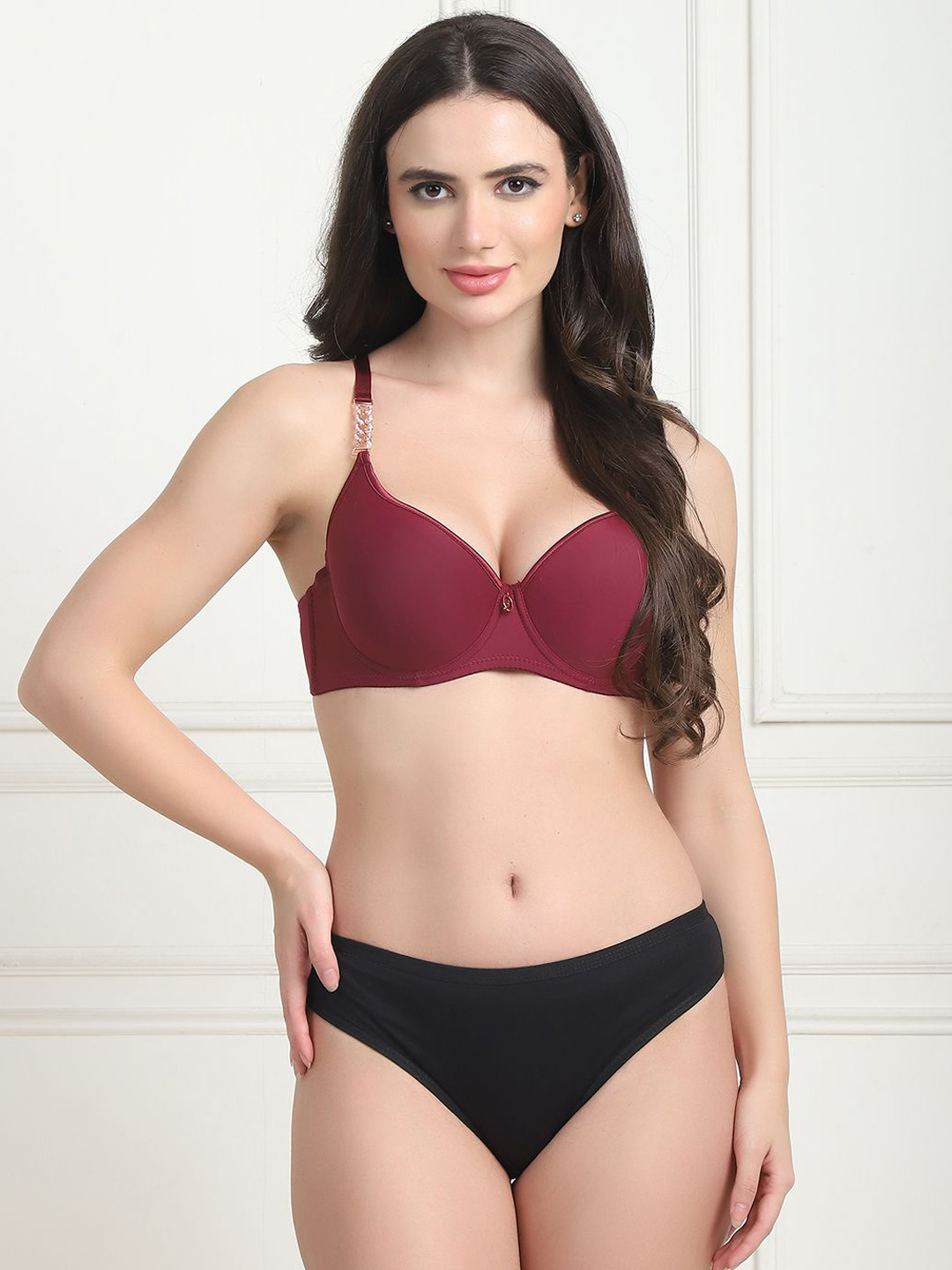 Quttos Chain Strap Lightly Padded Lingerie Set QT-SET-7047-WHN-34B