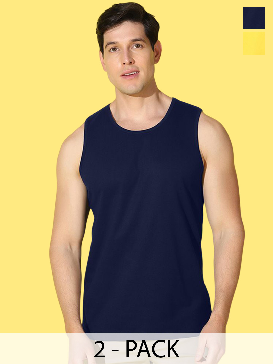 WOOSTRO Pack Of 2 Scoop Neck Ultra-Soft Gym Vests VWS26(ALONE YELLOW)(PLAIN NAVY)