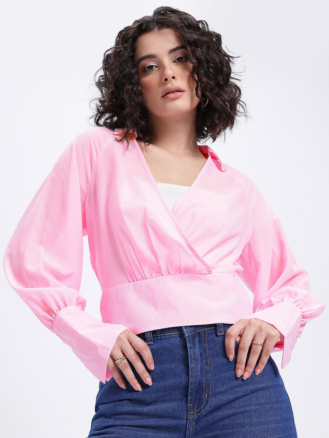 glitchez Solid Crossover V-Neck Wrap Top