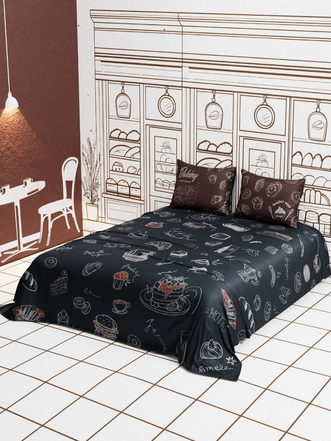 QuirkLoom Grey Graphic Polyester 300 TC King Bedsheet with 2 Pillow Covers-228 x 274 cm