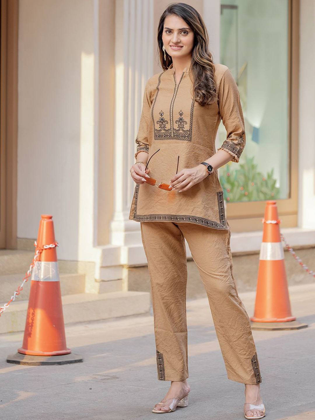 MITTOO Printed Shirt Collar Top With Trousers Co-Ords