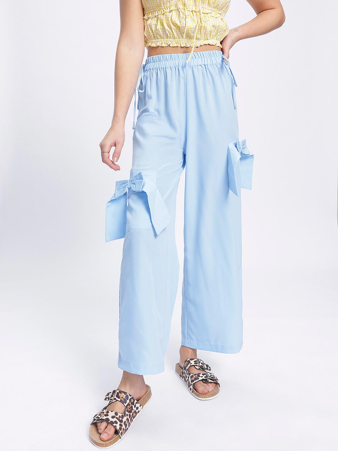 glitchez Women Blue Wide Leg Trousers with Side Bows